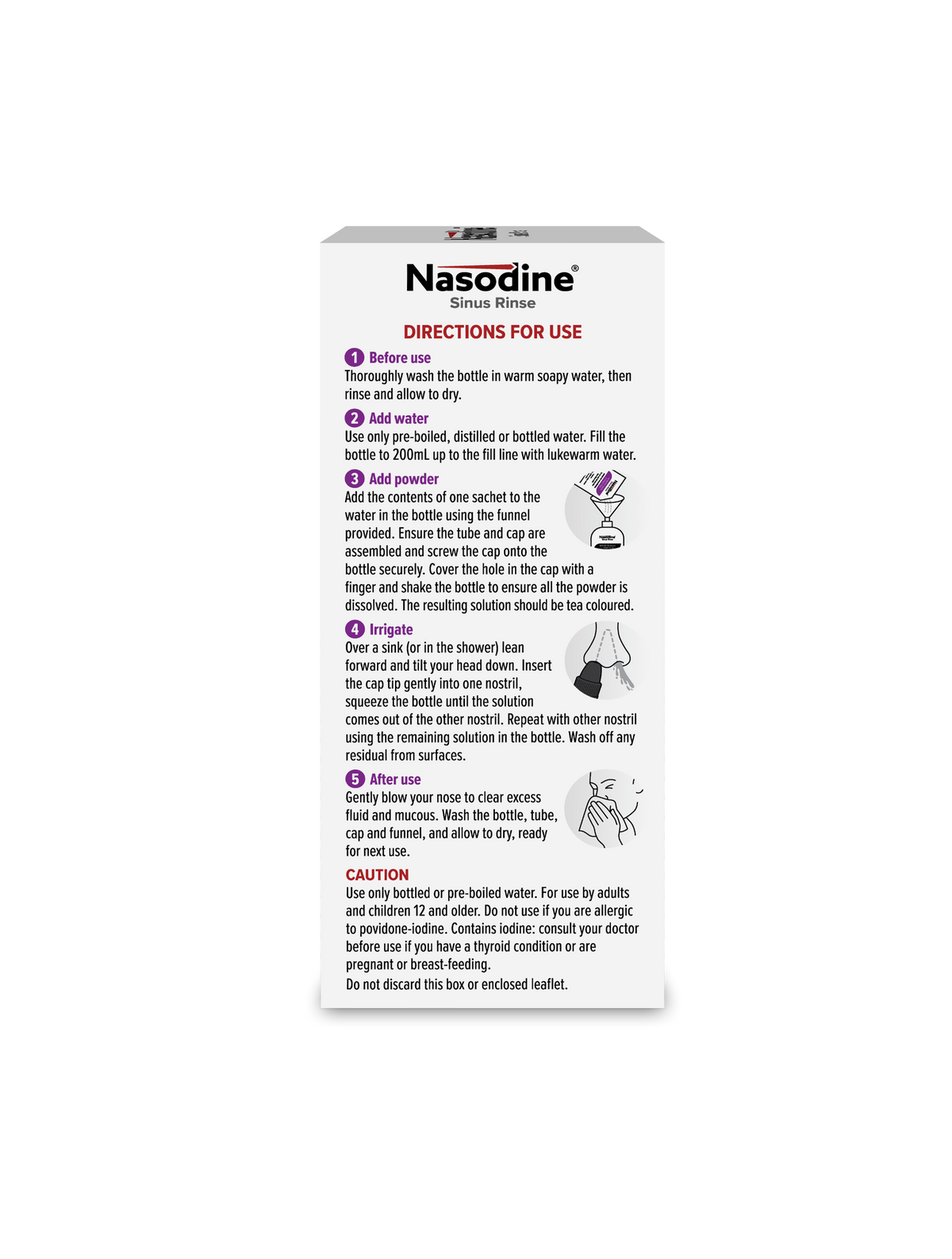 Nasodine Sinus Rinse carton, left side panel