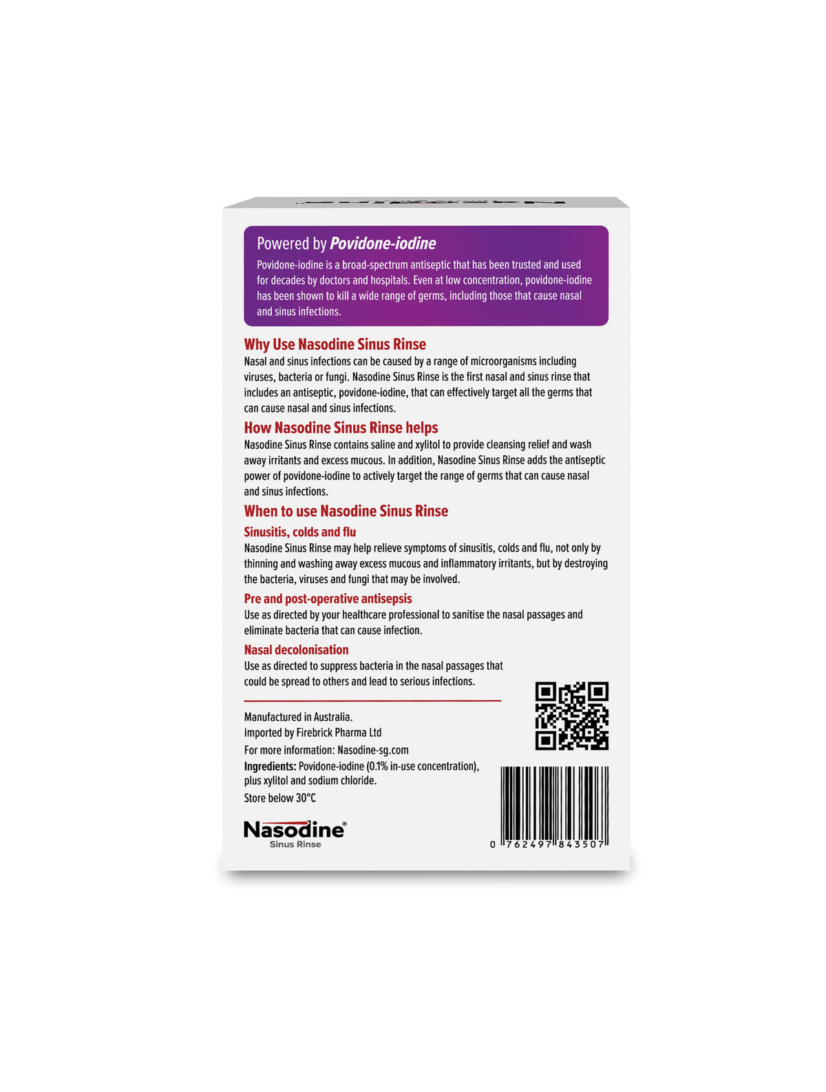 Nasodine Sinus Rinse carton, back view