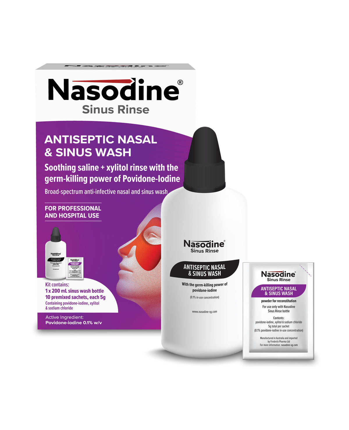 Nasodine Sinus Rinse kit with 200ml bottle and premixed sachets